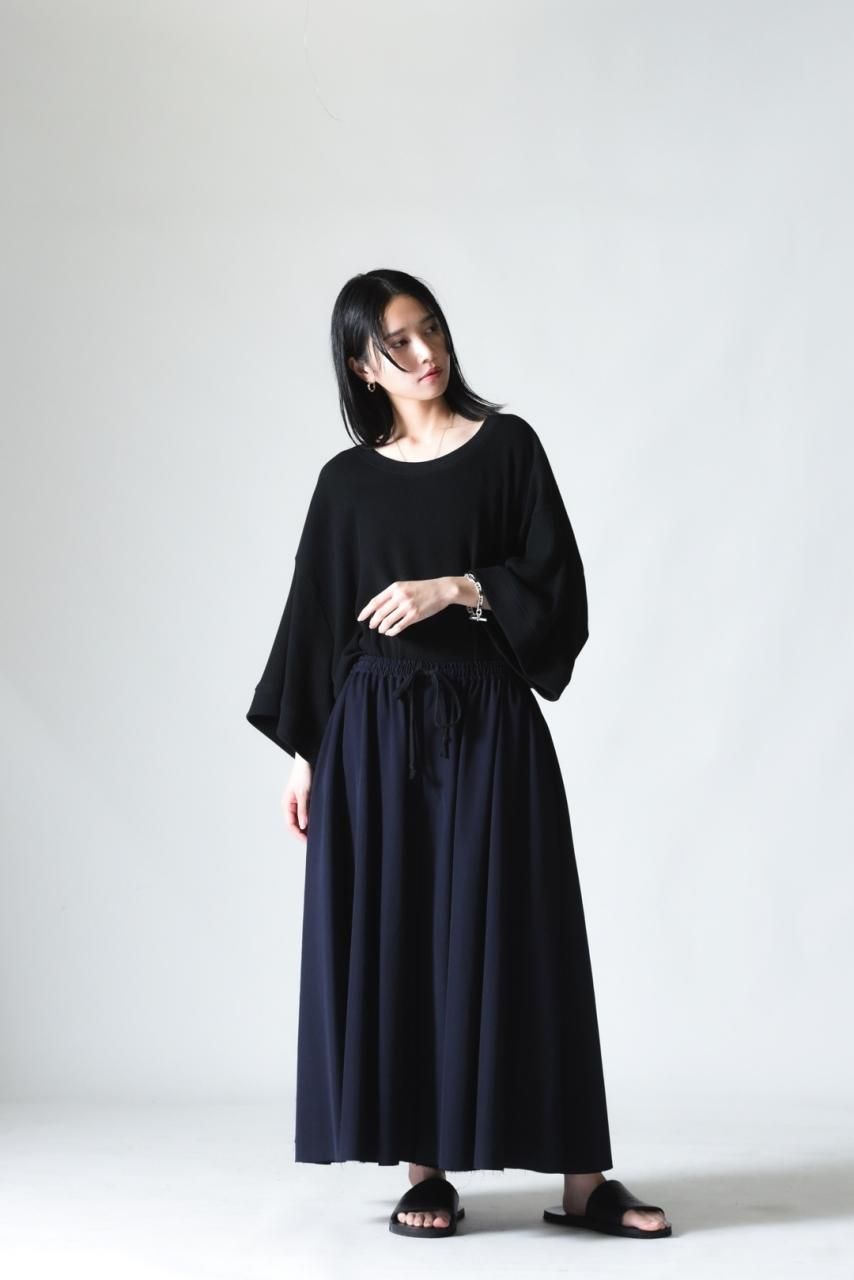 BISHOOL Wool Gabardine Cut Off Drape Pants navy - BISHOOL