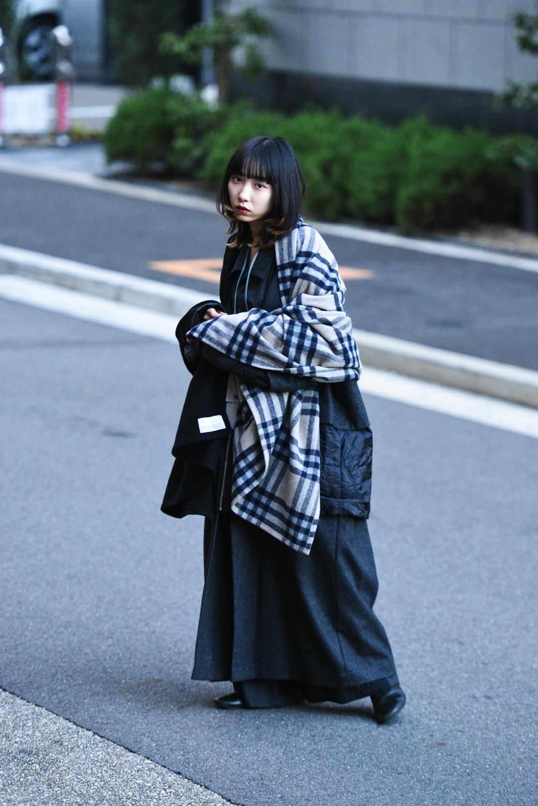 VOAAOV ウールモッサビッグストール Black×Beige Check