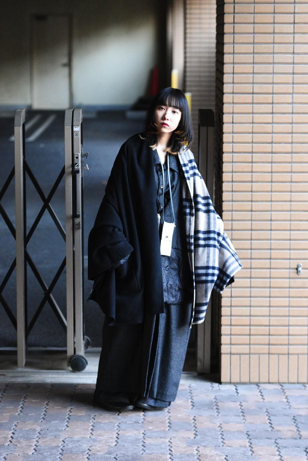 VOAAOV ウールモッサビッグストール Black×Beige Check