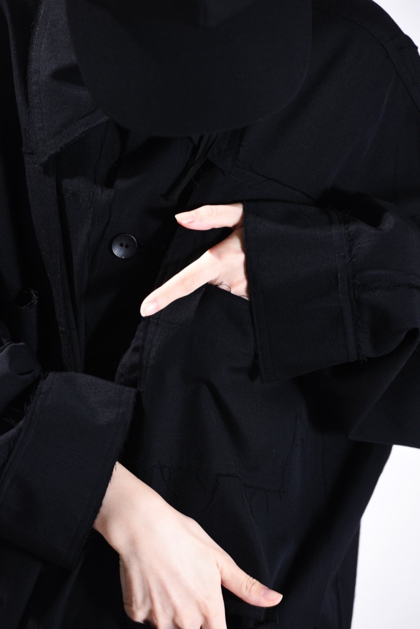 BISHOOL Wool Gabardine Cut Off Jacket with Damage Pocket black