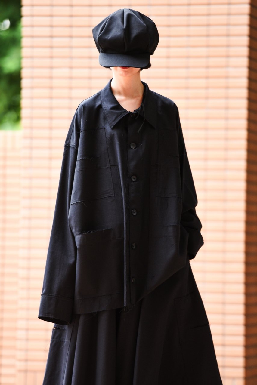 BISHOOL Wool Gabardine Cut Off Jacket with Damage Pocket black