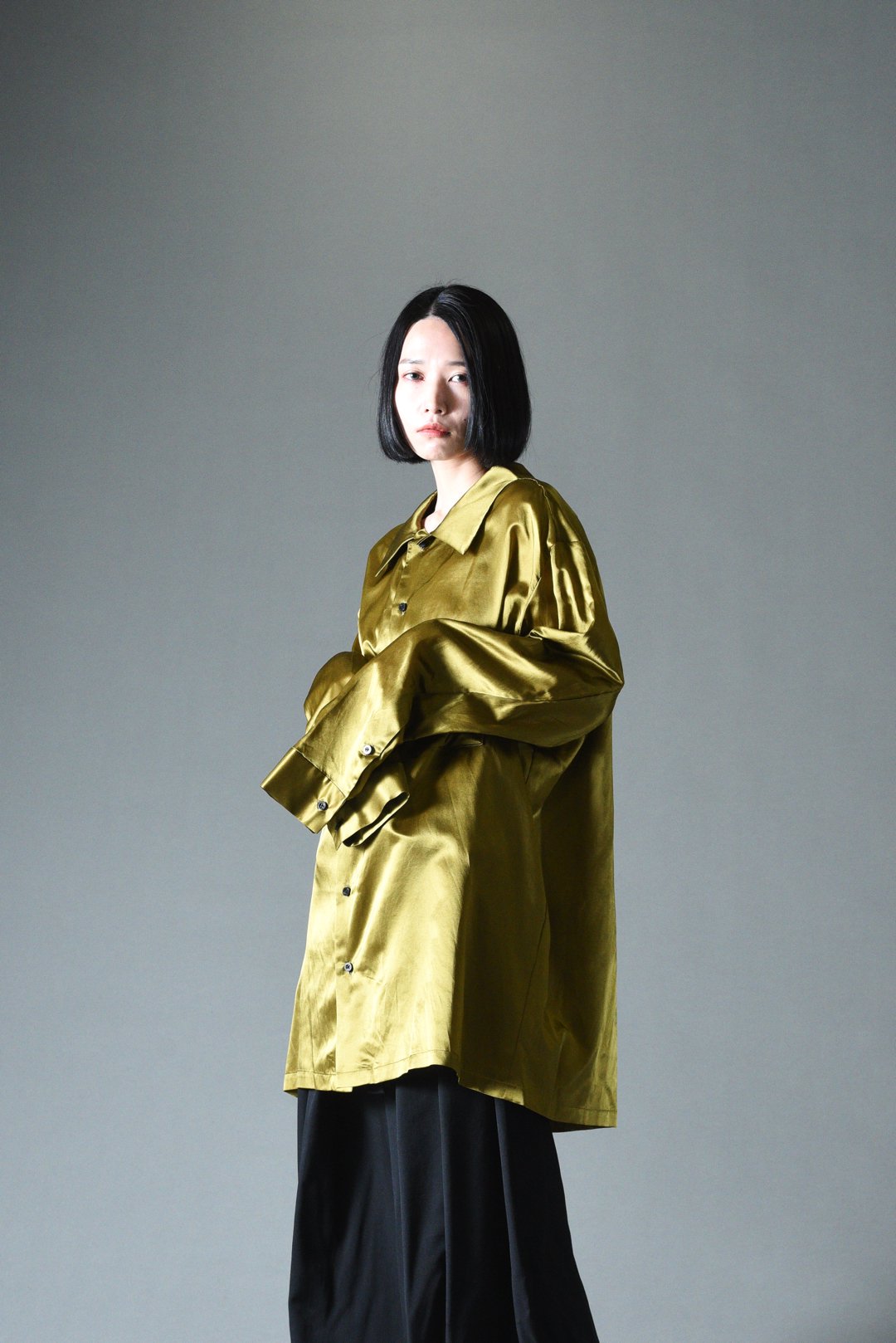 BISHOOL Japanese Silk Cotton Satin Long Shirt yellow - BISHOOL