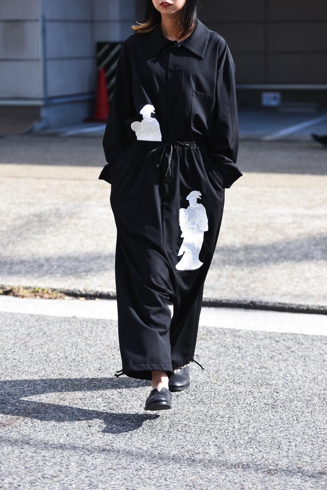 BISHOOL Embroidery Wool Gabardine Sarouel Balloon Pants -着物姿