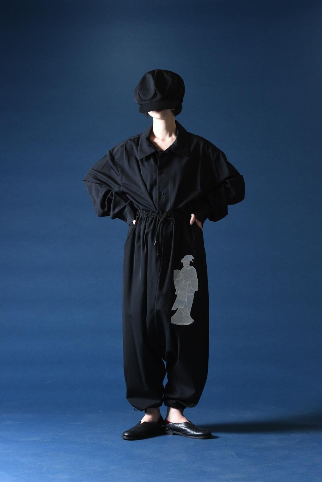 BISHOOL Embroidery Wool Gabardine Sarouel Balloon Pants -着物姿