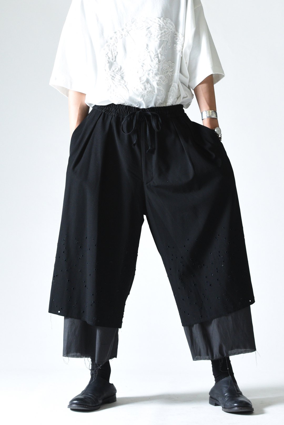 NEPHOLOGIST Opal-Finished Cut Off Layered Pants wool silk black