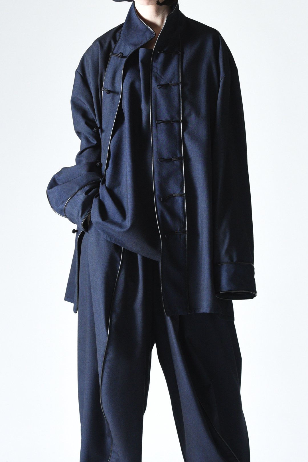BISHOOL Urban Wool Leather Piping China Jacket black×blue 