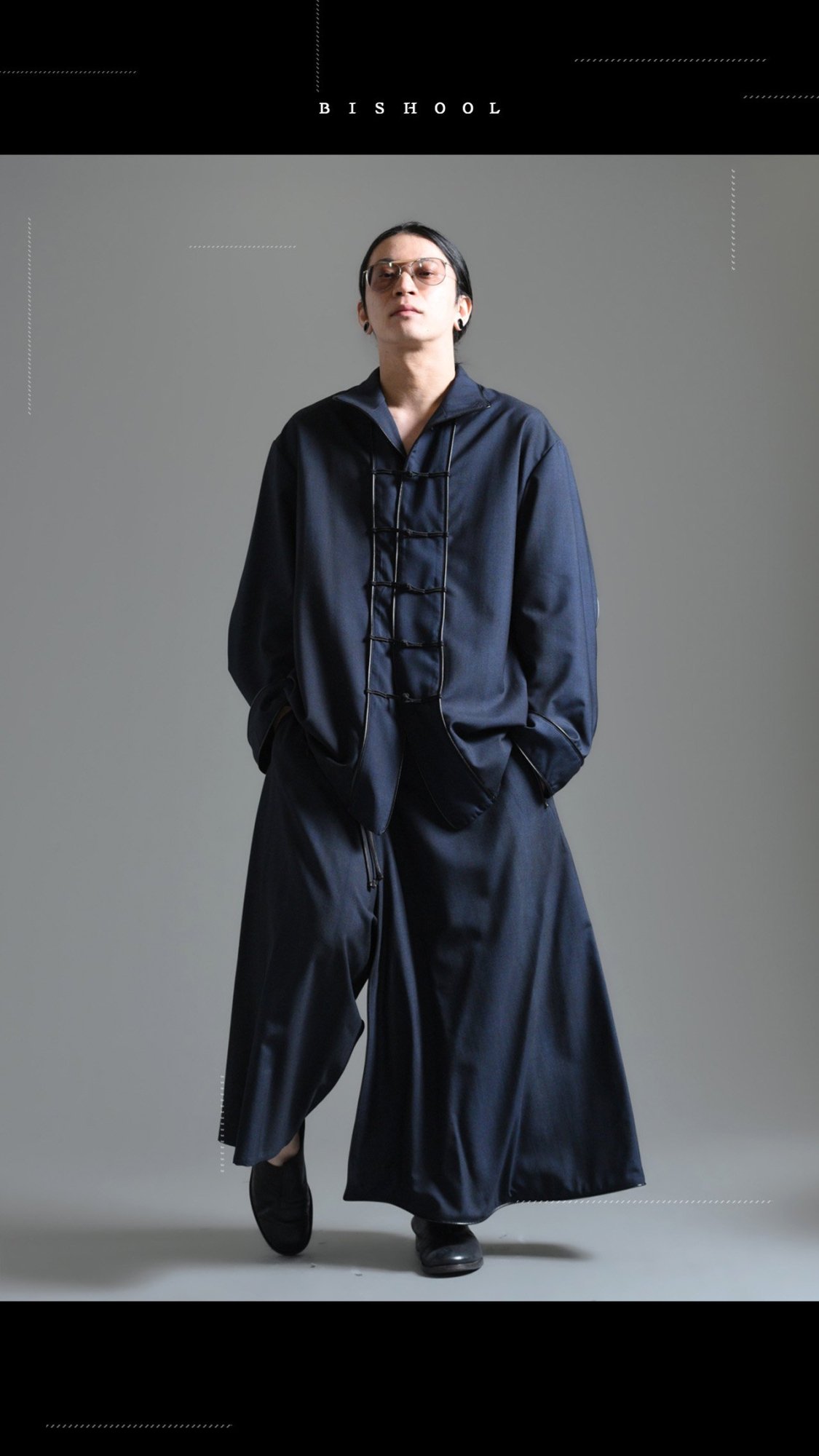 BISHOOL Urban Wool Leather Piping China Jacket black×blue 