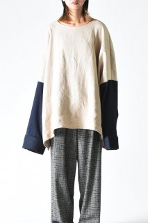 BISHOOL Linen �� Urban Wool Docking Wide Pullover kinari��blue