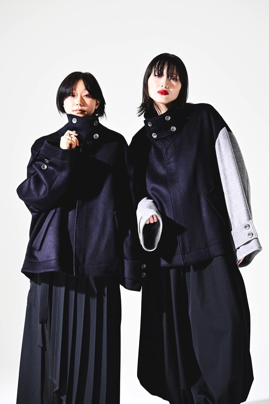 NEPHOLOGIST Wool Beaver High-Neck Blouson navy × gray - BISHOOL