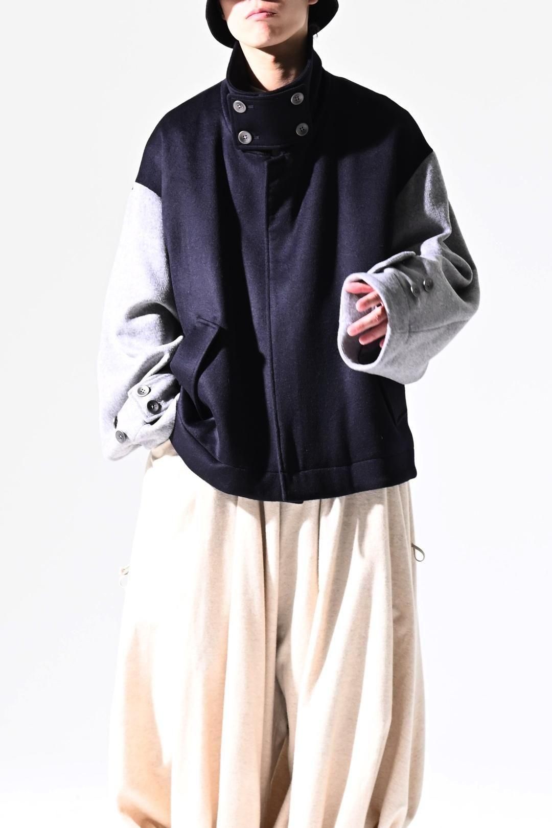 NEPHOLOGIST Wool Beaver High-Neck Blouson navy × gray - BISHOOL
