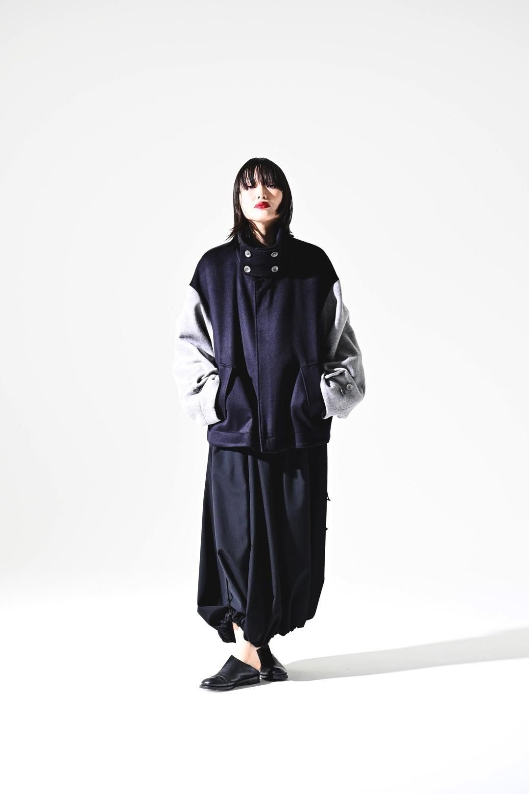 NEPHOLOGIST Wool Beaver High-Neck Blouson navy × gray - BISHOOL