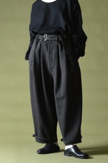 BISHOOL Belted 2 Tuck Slacks Wool Tweed black