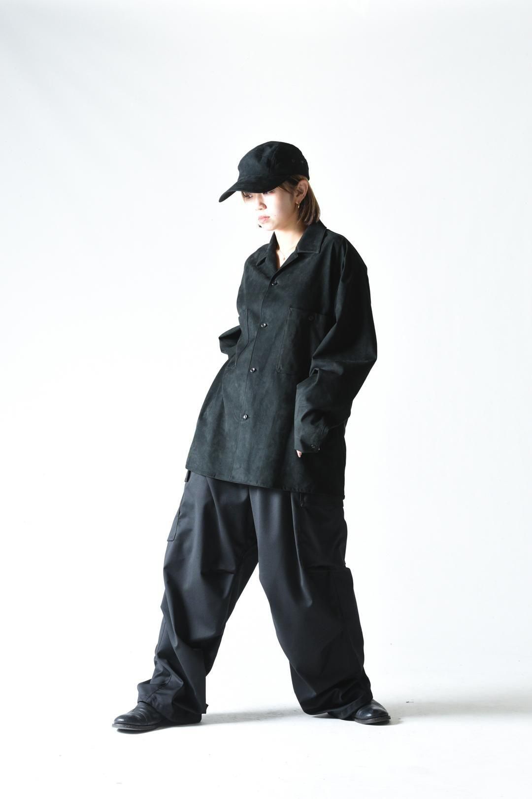 edwina horl open collar shirts シャツジャケット ESSAY SYNTHETIC SUEDE OPEN COLLAR SHIRT Black - BISHOOL