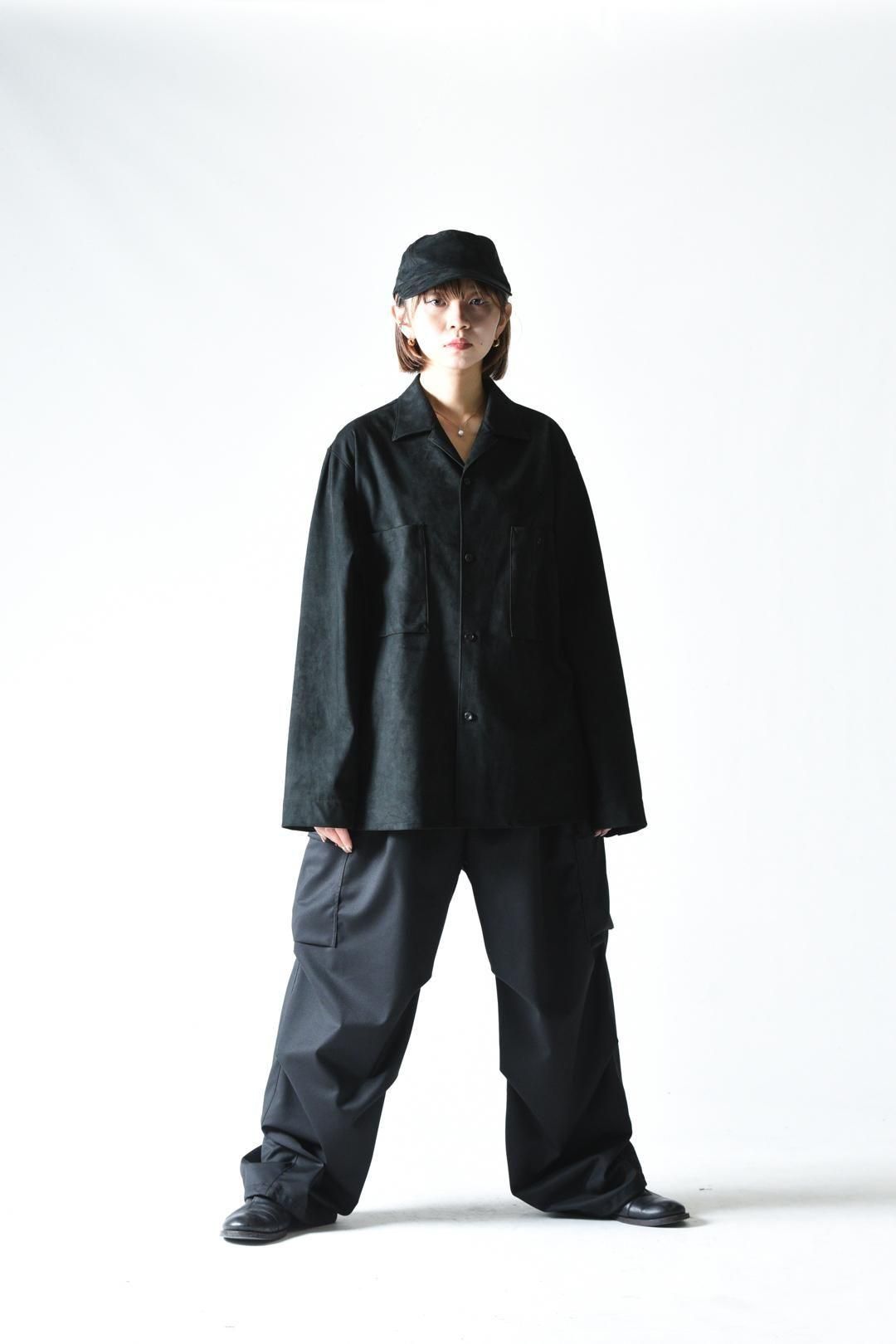 edwina horl open collar shirts シャツジャケット ESSAY SYNTHETIC SUEDE OPEN COLLAR SHIRT Black - BISHOOL