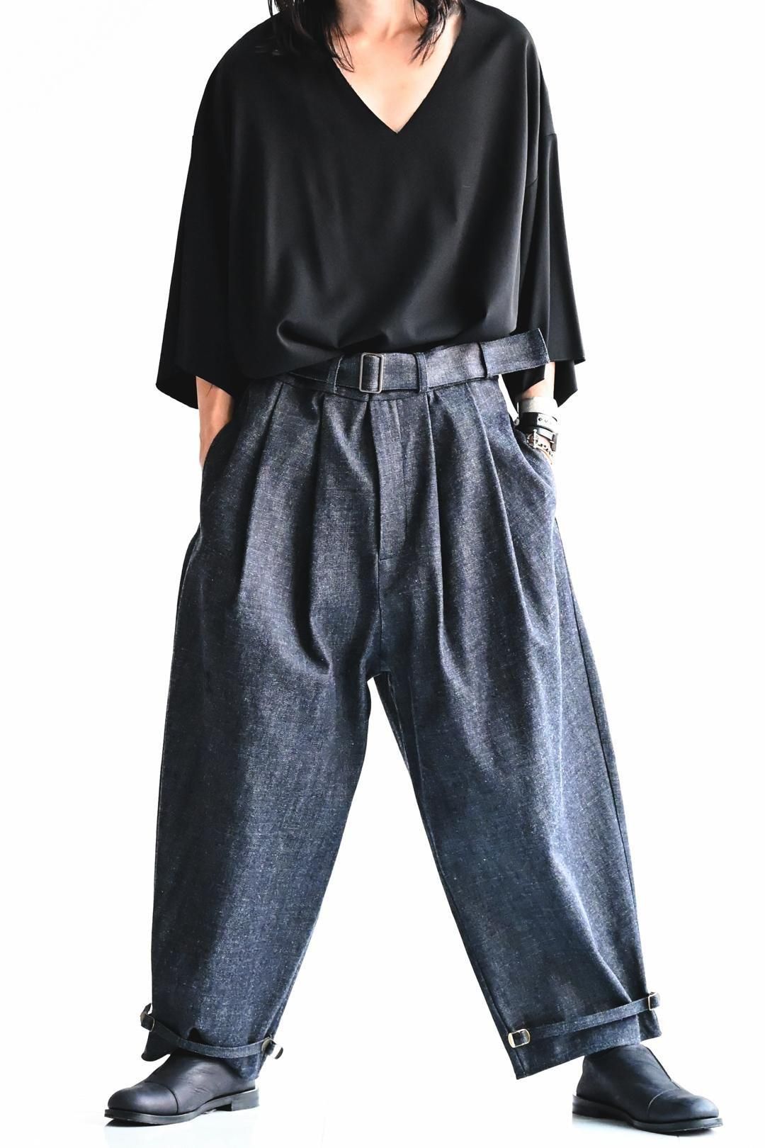BISHOOL デニムサルエルワイドパンツ　indigo BISHOOL Belted 2 Tuck Slacks Denim indigo - BISHOOL,Edwina Horl,My