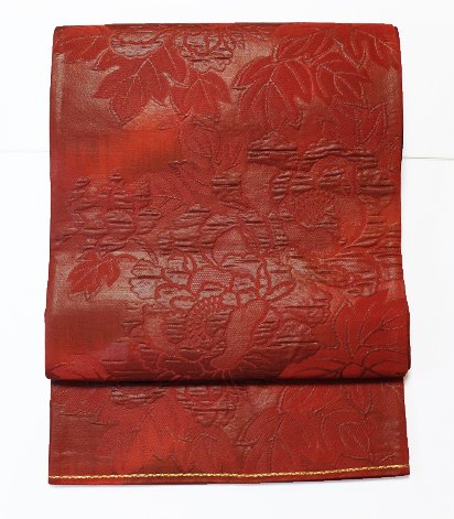 正絹 六通柄洒落袋帯 (30/400) 牡丹 漆箔 膨れ織り 中古 - ふだん