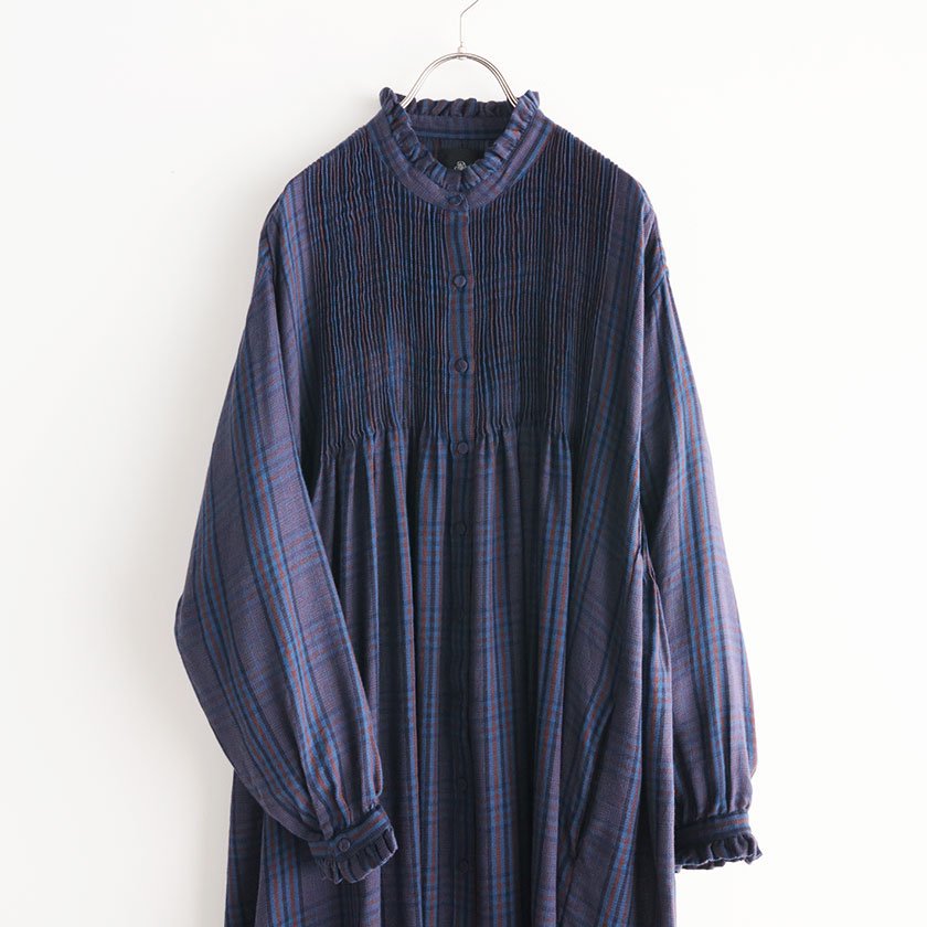 maison de soil WOOL COTTON CHECK FRILL COLLAR PINTUCK DRESS