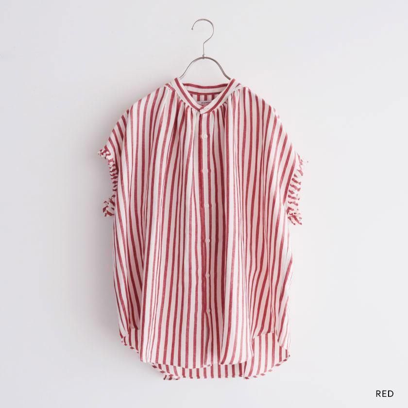 MANON フリルスリーブ リネンミックスストライプ アミカルシャツ