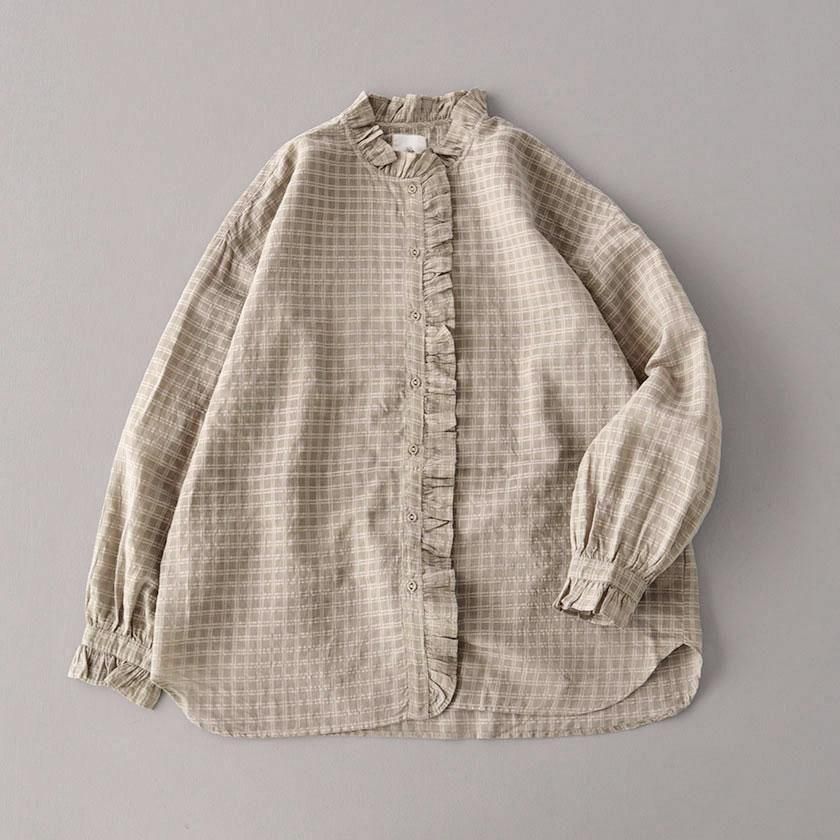 maison de soil HANDWOVEN COTTON/SILK SELF CHECK FRILL COLLAR SHIRT