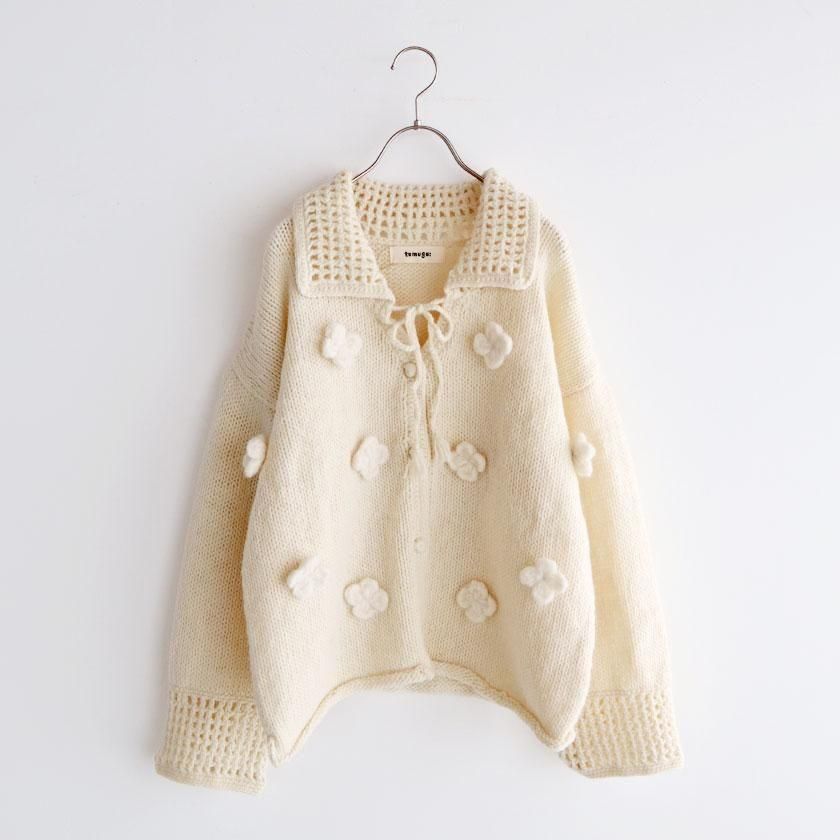 極美品*45R*フロート縮絨のフラワーカーディガン*2 花柄モチーフ*ウール 極美品*45R*フロート縮絨のフラワーカーディガン*2 花柄