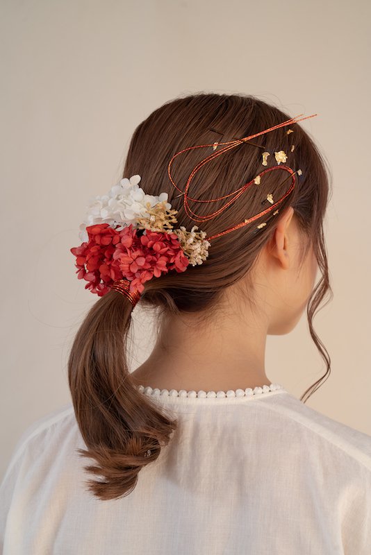 紅白紫陽花の髪飾りセット (水引と金箔つき)