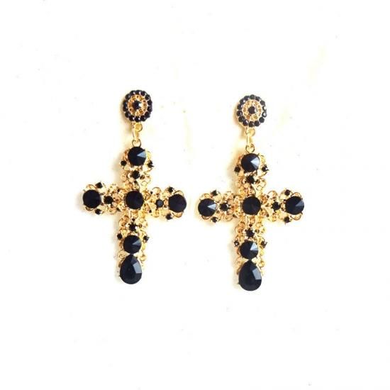 *Dolce&Gabbana*ブラックビジュー付ゴールドクロスピアス 十字架 大特価】ブラックxゴールド ビジュー ラインストーン 大ぶり