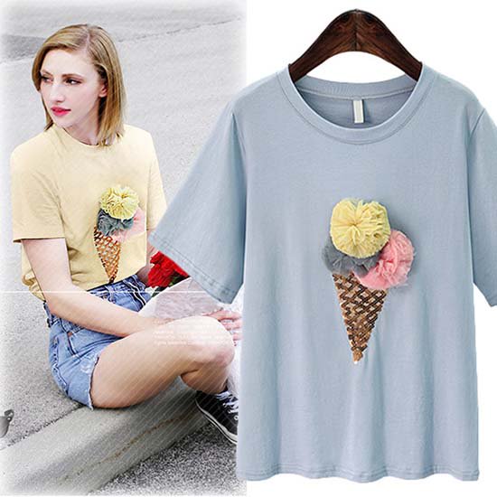 【大特価】2色展開 ブルー イエロー 3D アイスクリーム チュールポンポン ラウンドネック Tシャツ 半袖 トップス 通販