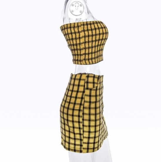 新着商品 大特価】イエロー グリッドチェック柄 クロップドトップス ベア ウェア