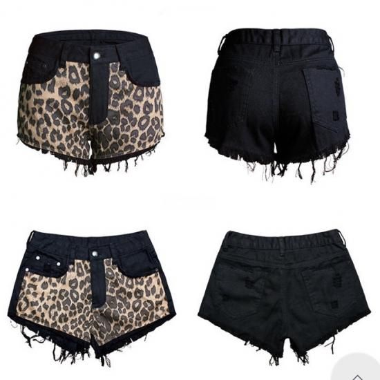 大特価】ブラック デニムショートパンツ レオパード ひょう柄