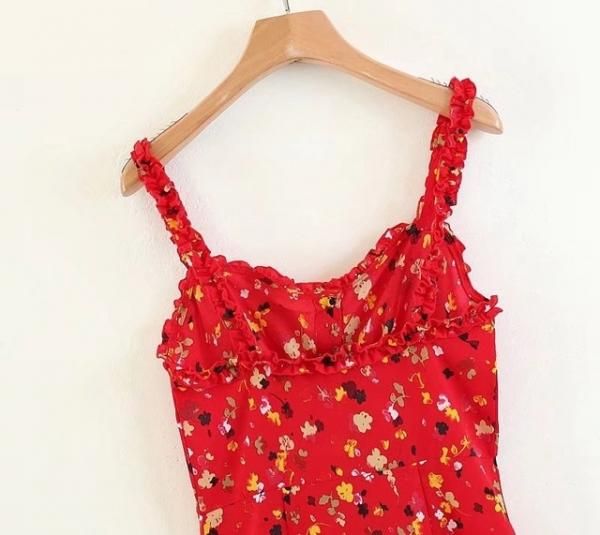 大特価】レッド 小花柄 フラワー ラッフルフリルショルダー