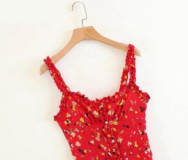 大特価】レッド 小花柄 フラワー ラッフルフリルショルダー