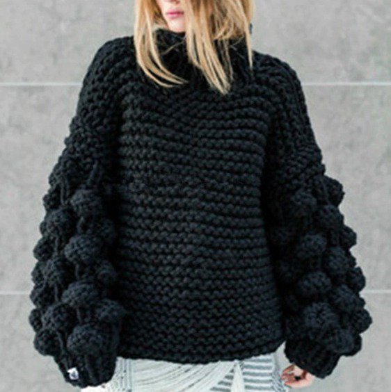 【大特価】ブラック ざっくり編み チャンキーニット ポンポン ハイネック ニット セーター プルオーバー オーバーサイズ 通販