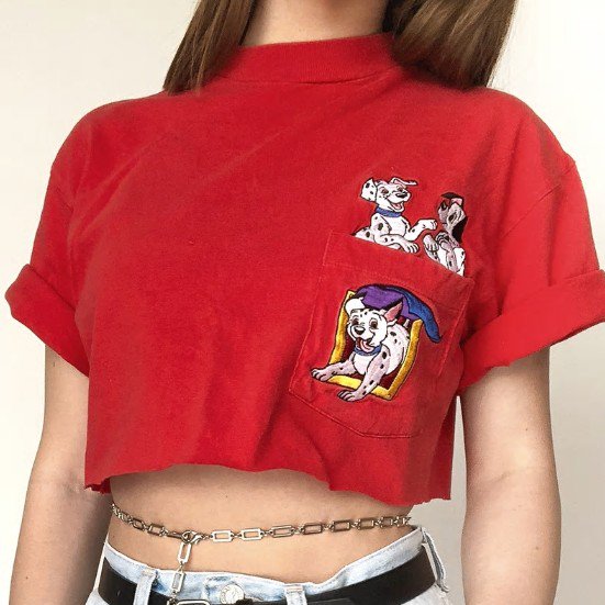 【大特価】レッド 101匹わんちゃん 刺繍デザイン クロップドトップス カットソー Tシャツ 半袖 サイドポケット 通販