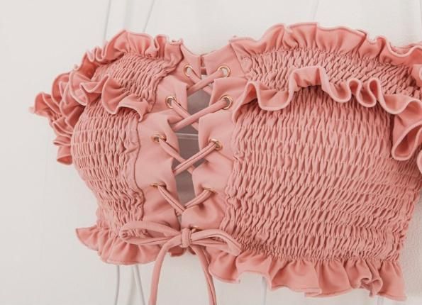 大特価】ライトピンク シャーリング ギャザー レースアップ