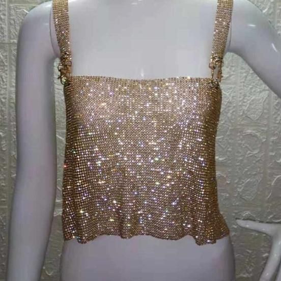 GOLDS♡ビジューバックル付き♡ゴールドチェーン♡配色キャミトップス♡ブラック XSサイズあり】ホルターチェーンネック×バストカットミニキャバ