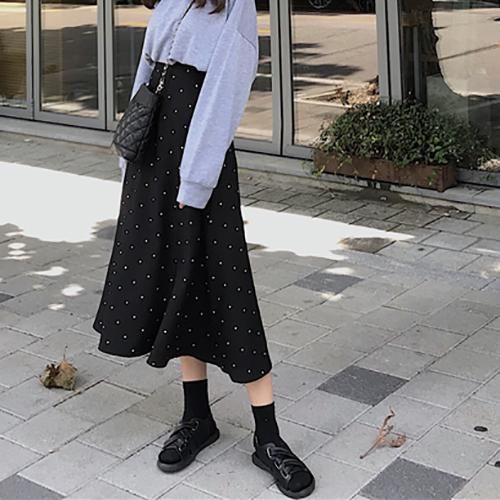大特価】ブラック ドット柄 水玉柄 Aライン ロングスカート