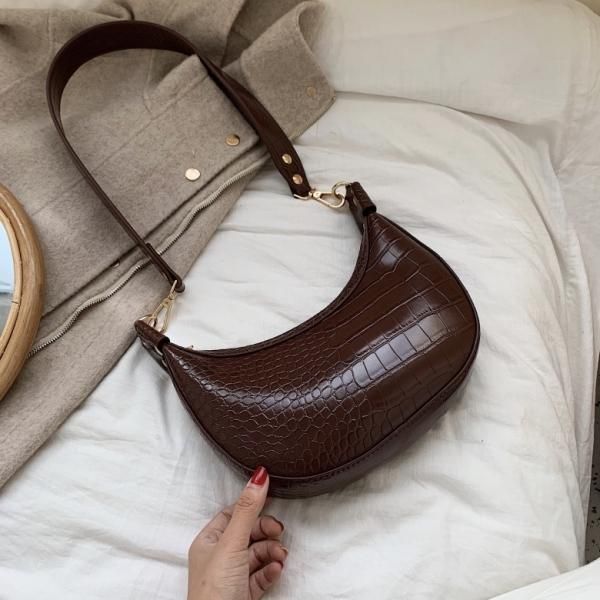 美品 BORSE IN PELLE クロコ型押し ハンドバッグ ブラウン