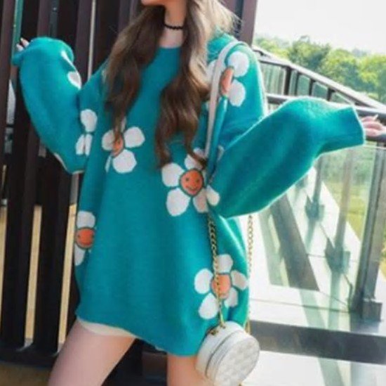 大特価 4色展開 花柄 フラワー デイジー ニットワンピース オーバーサイズ セーター ミニワンピース 韓国 通販