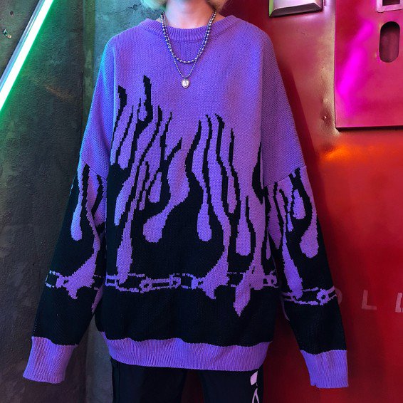 ファイヤー ニット セーター 韓国 オーバーサイズ ユニセックス パープル