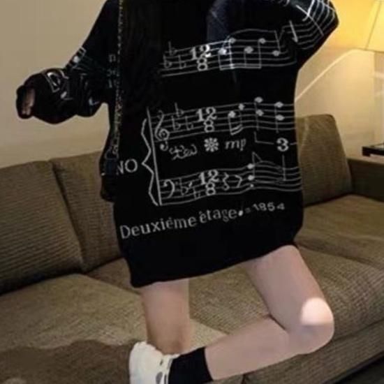 大特価】2色展開 総柄 音符 楽譜 クルーネック 長袖 オーバーサイズ
