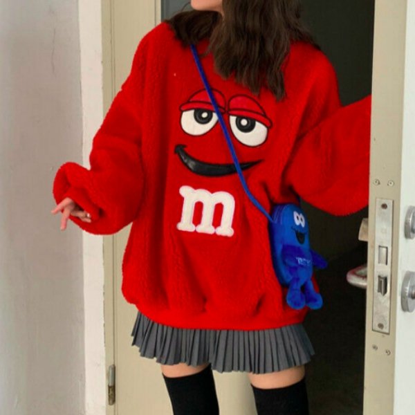 【大特価】2色展開 レッド イエロー M&M テディベア フリース ボア 長袖 トップス トレーナー プルオーバー オーバーサイズ 韓国