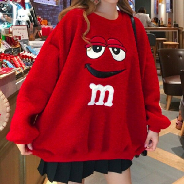 【大特価】2色展開 レッド イエロー M&M テディベア フリース ボア 長袖 トップス トレーナー プルオーバー オーバーサイズ 韓国