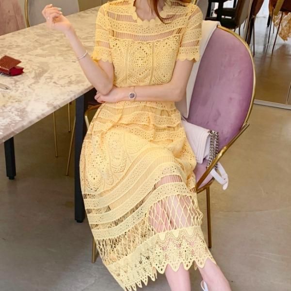 OTONA ワンピース レディース イエロー 長袖 ロング ティアード