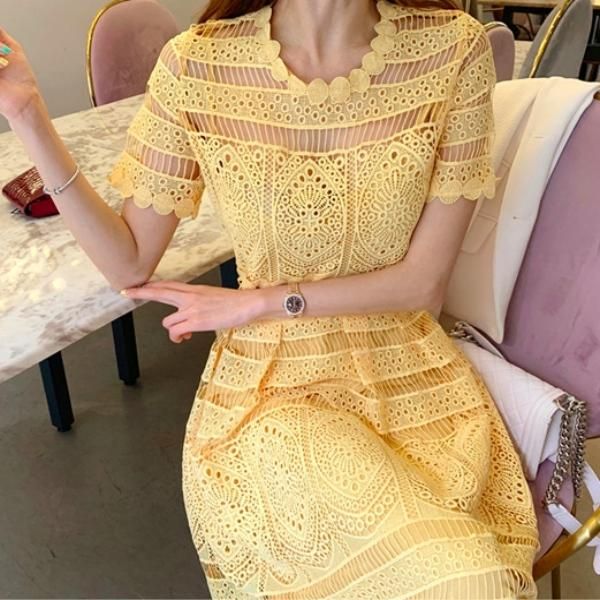 大特価】イエロー クロシェレース シースルー 半袖 ロング