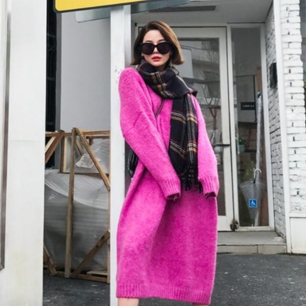 大特価】5色展開 無地 シンプル クルーネック 長袖 ニットワンピース