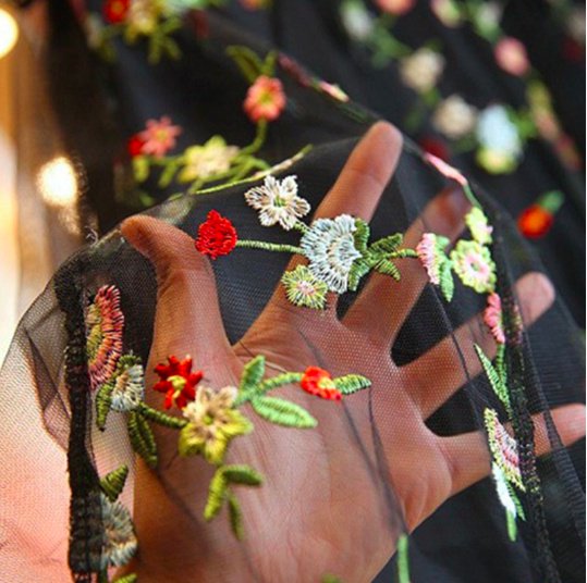 【大特価】ブラック 花柄 フラワー 刺繍デザイン シースルー Aライン 長袖 フレアワンピース ロングワンピース パーティードレス 通販