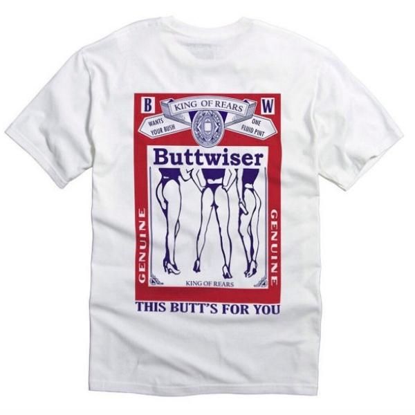 大特価】ホワイトxレッド パロディ buttwiser フロントプリント