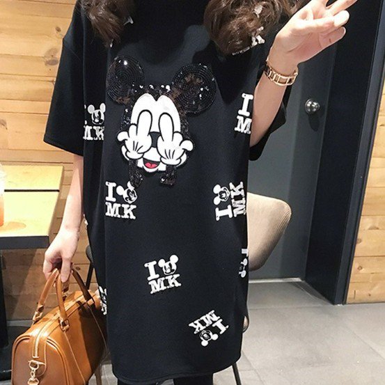 【大特価】ブラック ミッキーマウス パロディ FxxK オーバーサイズ Tシャツ 半袖 ミニワンピース Tワンピ ビッグTシャツ 韓国 通販