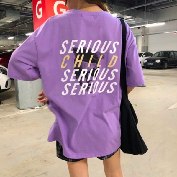 【大特価】パープル バックロゴ SERIOUS クルーネック Tシャツ 半袖 トップス カットソー 韓国 インポート 通販