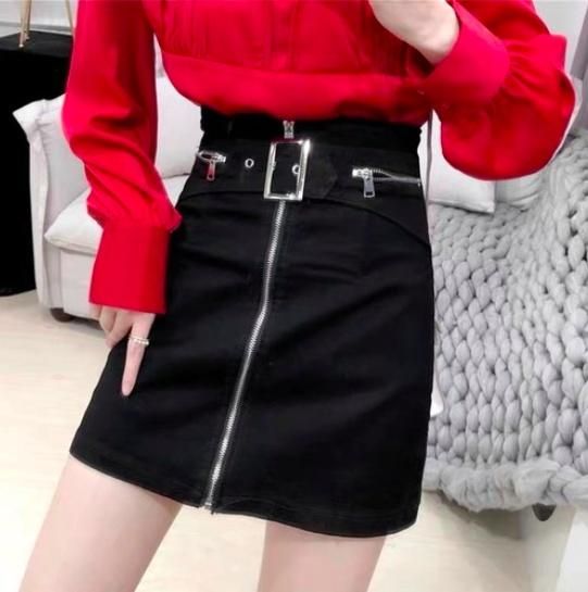 D&G ダークデニム ジッパーミニスカート SET]デニムカラークロップジップアップ ミニスカート